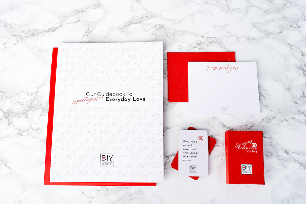 The Marriage Retreat in a Box comes with two guidebooks to facilitate the retreat, conversation starters to spark connection, and note cards to acknowledge and share loving messages with one another. 